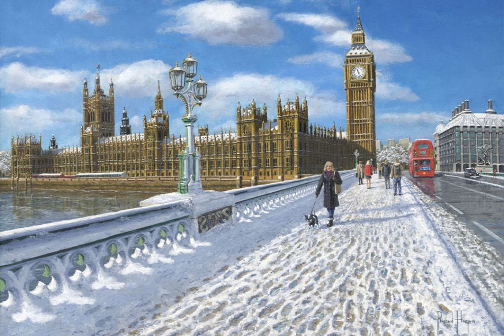 snowy bridge in london